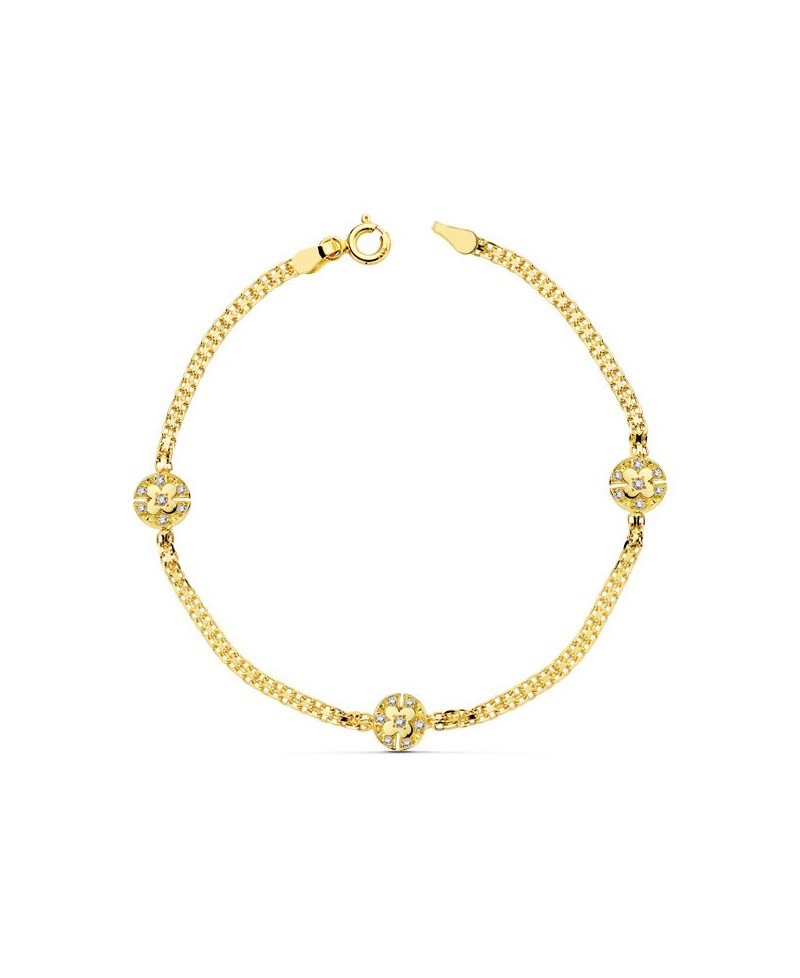 Pulsera comunión oro tres flores y circonitas | Joyería Gimeno | Tu joyería de confianza en Valencia