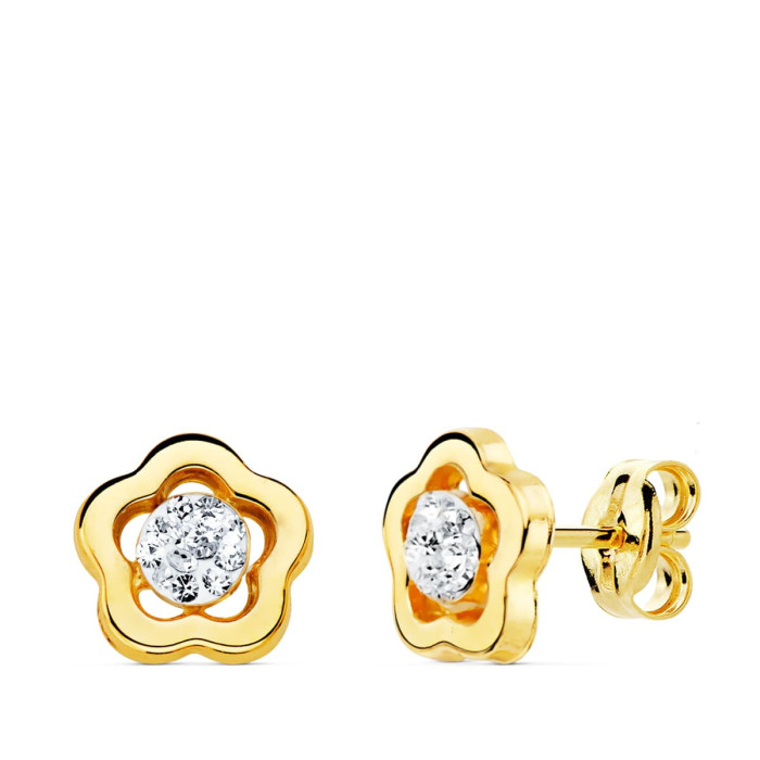 18k Pendientes Oro Amarillo Flor Y Circonitas 8x8 Mm Presion | Joyería Gimeno | Tu joyería de confianza en Valencia