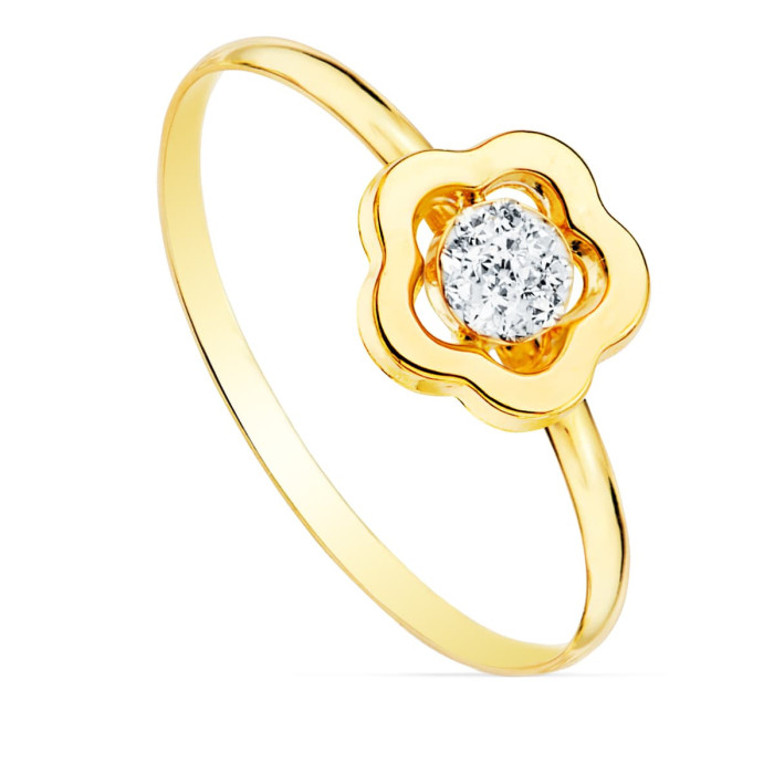 18k Sortija Oro Amarillo Comunion Flor Y Circonitas 8x8 Mm Ancho Cuerpo 1 Mm | Joyería Gimeno | Tu joyería de confianza en Valencia