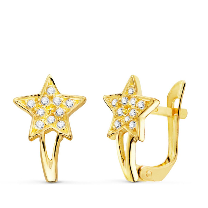 18k Pendientes Oro Amarillo Estrellas Con Circonitas 12x8 Mm Cierre Catalan | Joyería Gimeno | Tu joyería de confianza en Valencia