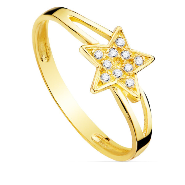 18k Sortija Oro Amarillo Estrella Con Circonitas 12x8 Mm Ancho Cuerpo 2 Mm | Joyería Gimeno | Tu joyería de confianza en Valencia