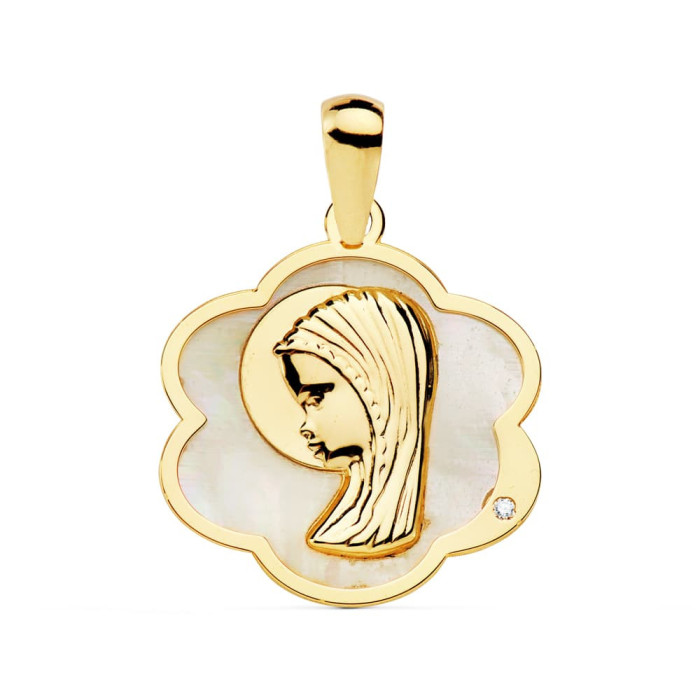 18k Medalla Oro Amarillo Flor Con Virgen NiÑa Nacar 18x17 Mm | Joyería Gimeno | Tu joyería de confianza en Valencia