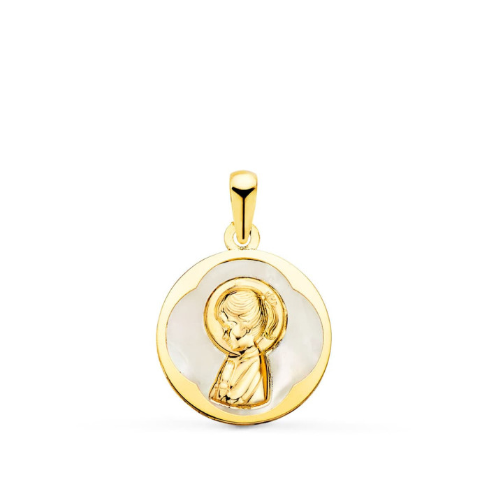 18k Medalla Oro Amarillo Redonda Con Nacar Blanco Y Virgen NiÑa. 15 Mm | Joyería Gimeno | Tu joyería de confianza en Valencia