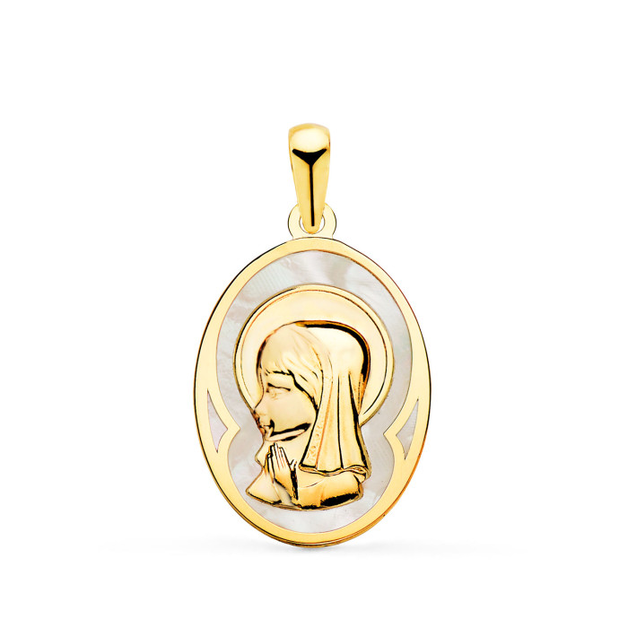 18k Medalla Oro Amarillo Ovalada Con Nacar Blanco Y Virgen NiÑa 17x12 Mm | Joyería Gimeno | Tu joyería de confianza en Valencia