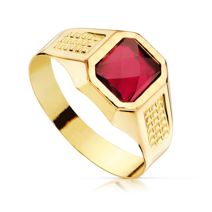 18k Sello Oro Amarillo Cadete Hueco Piedra Rubi Spinel 7x6 Mm | Joyería Gimeno | Tu joyería de confianza en Valencia