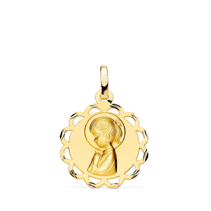 18k Medalla Oro Amarillo Pandereta Virgen NiÑa Perfil Matizada Y Calada 19 Mm | Joyería Gimeno | Tu joyería de confianza en Valencia