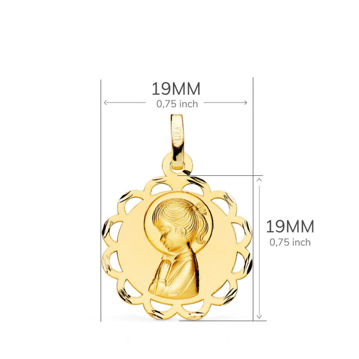 18k Medalla Oro Amarillo Pandereta Virgen NiÑa Perfil Matizada Y Calada 19 Mm | Joyería Gimeno | Tu joyería de confianza en Valencia